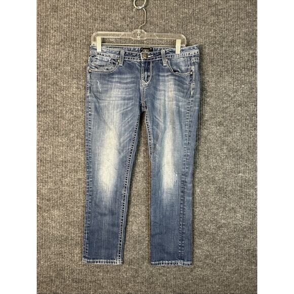 Rerock For Express Womens Capri Jeans Size 8 Blue Medium Wash Thick Stitch Y2K - Picture 1 of 11